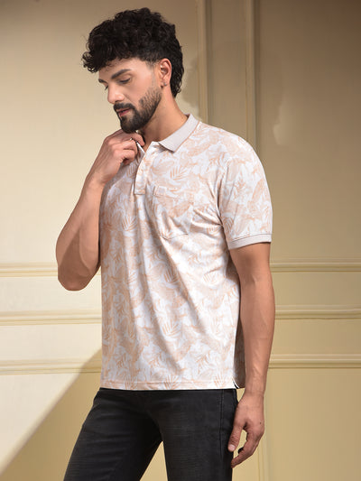 Peach Floral Print Polo-Neck T-Shirt