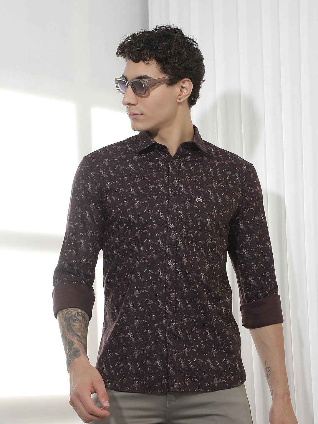 wine Floral Print Shirt
