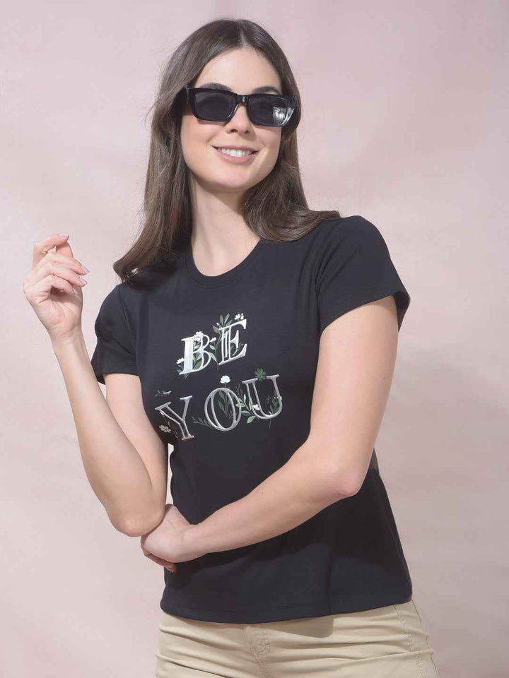 Black Typographic Print Modal T-Shirt