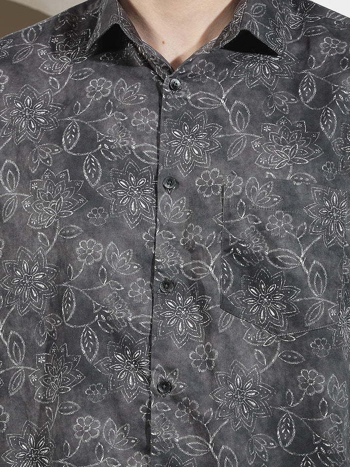 Olive Floral Print 100% Cotton Shirt
