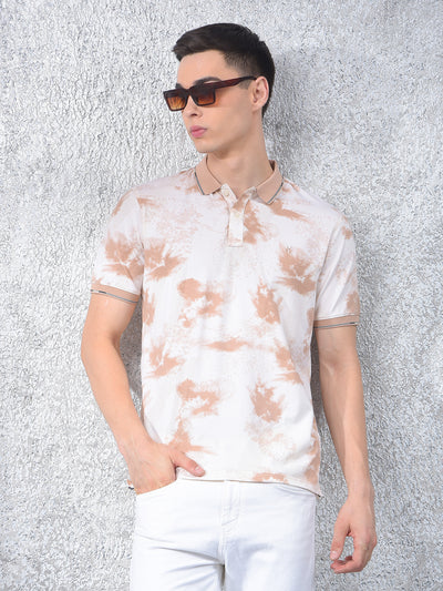 Brown Abstract Print Polo Neck T-Shirt