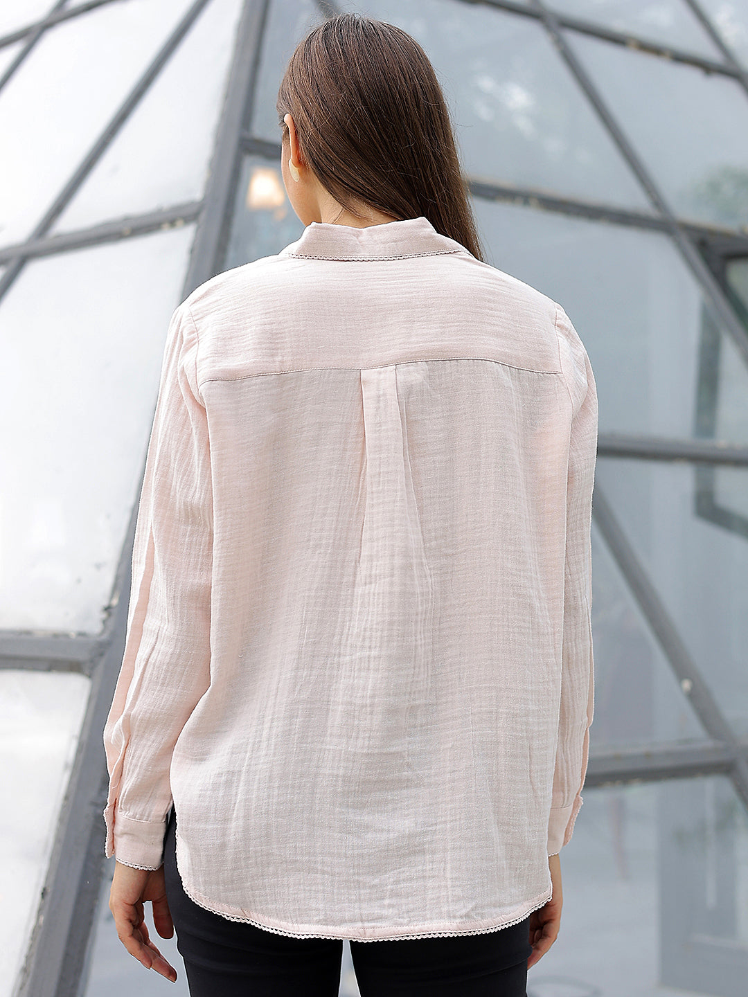 Peach Floral Embroidered 100% Cotton Shirt