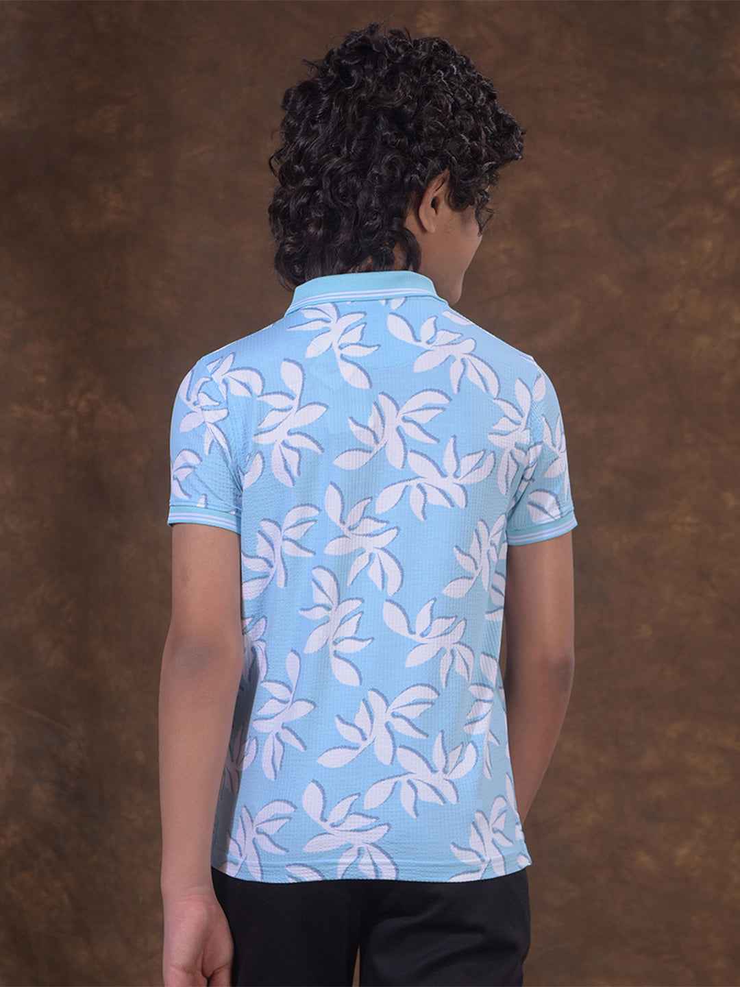Blue Floral Print Polo Neck T-Shirt