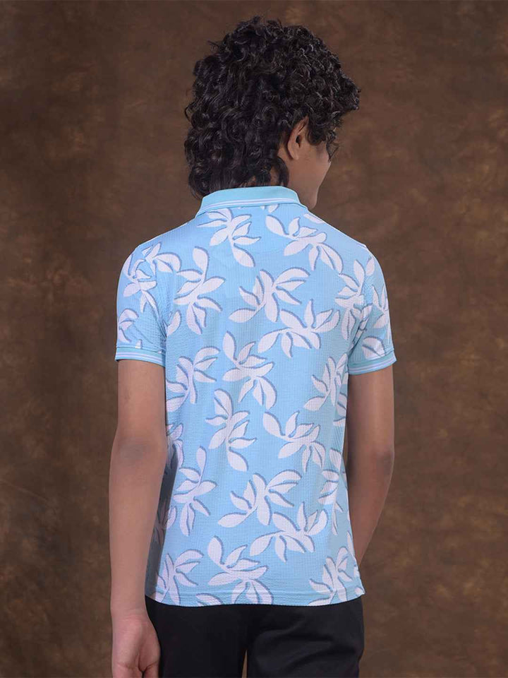 Blue Floral Print Polo Neck T-Shirt