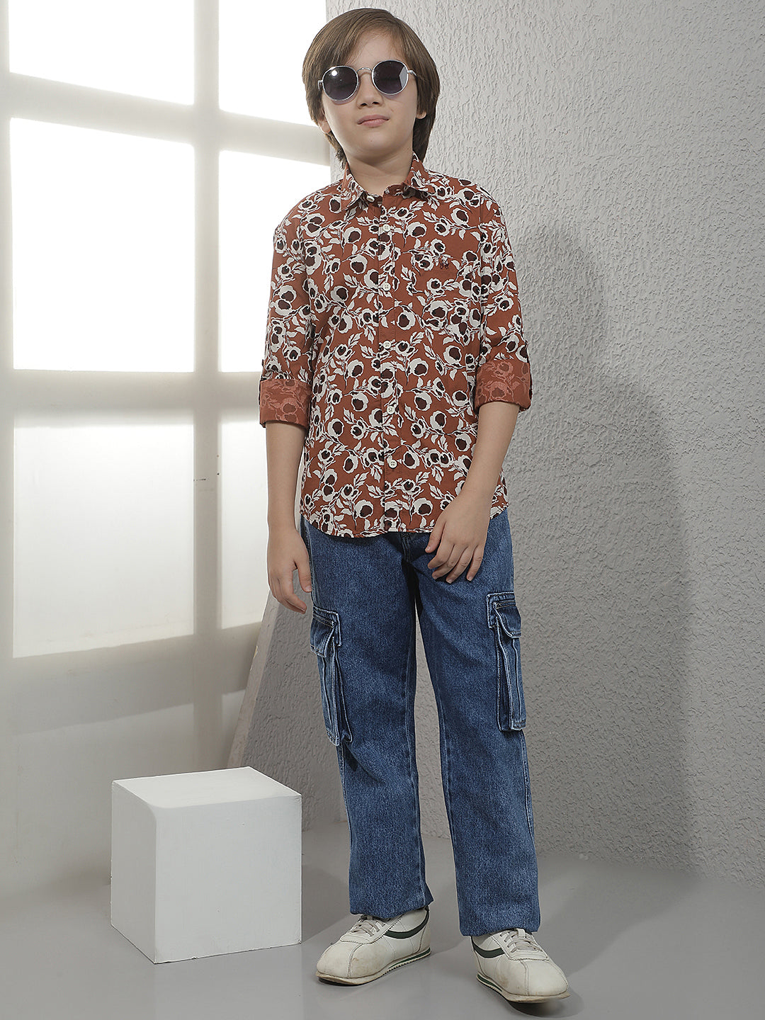 Brown Floral Print 100% Cotton Shirt