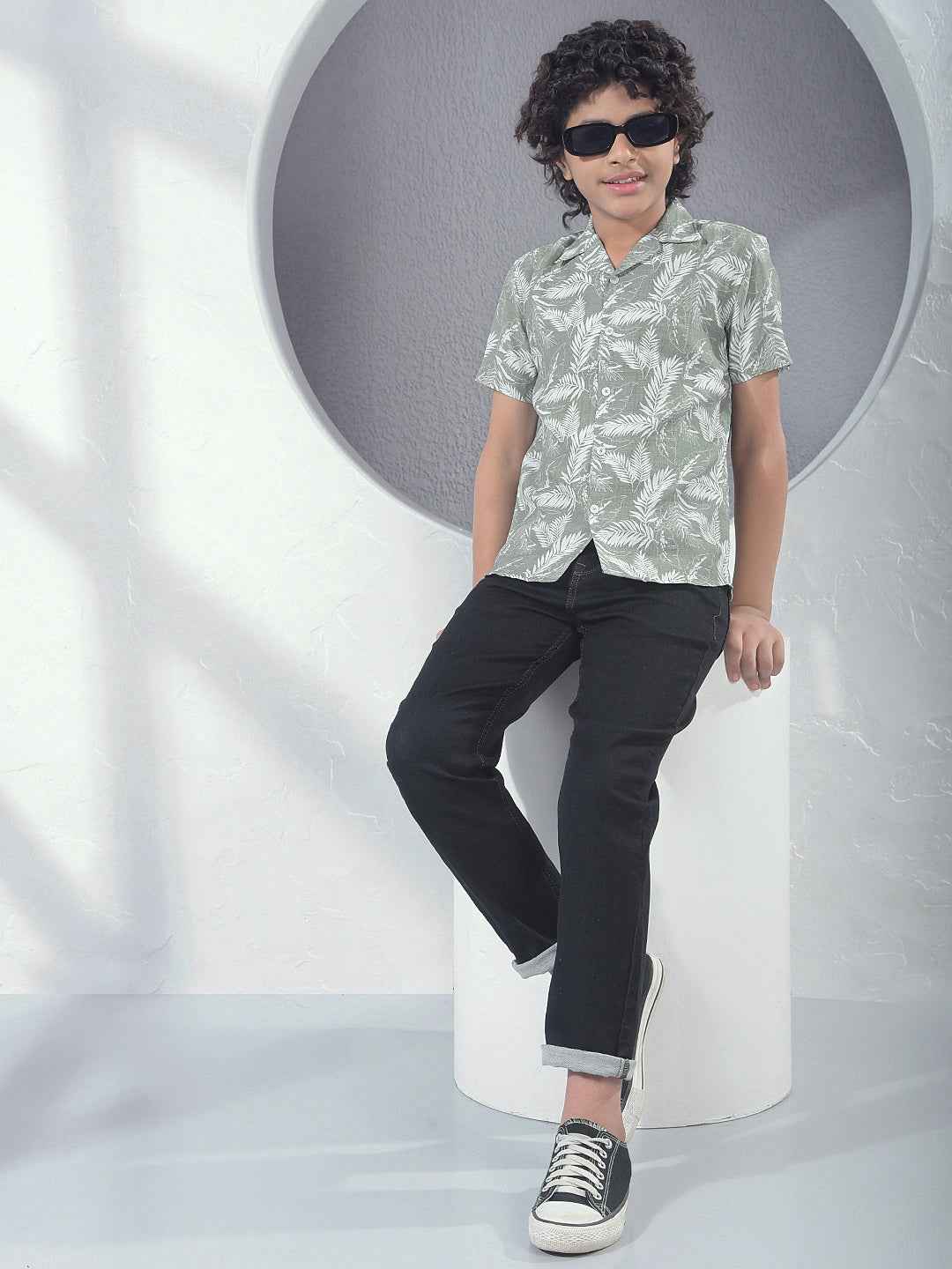 Green Floral Print Resort-Collar Shirt