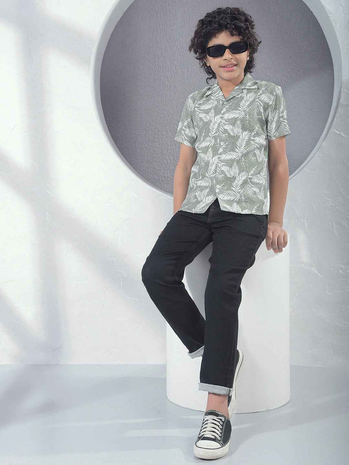 Green Floral Print Resort-Collar Shirt