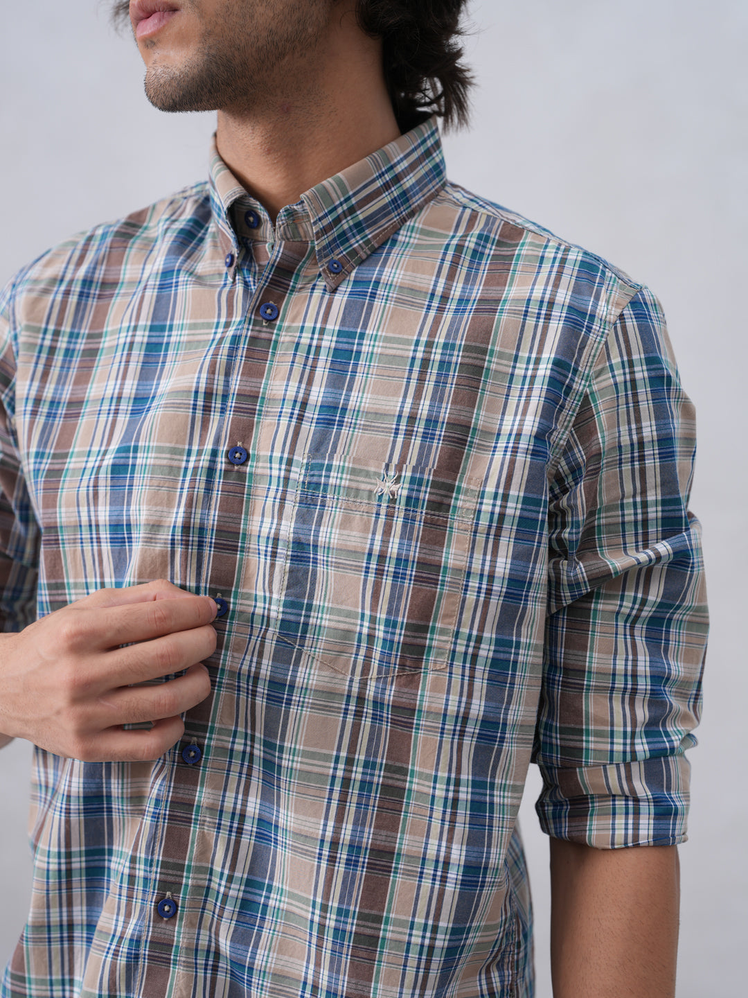 Brown Checked 100% Cotton Button-Down Collar Shirt