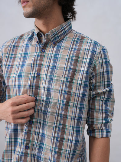 Brown Checked 100% Cotton Button-Down Collar Shirt