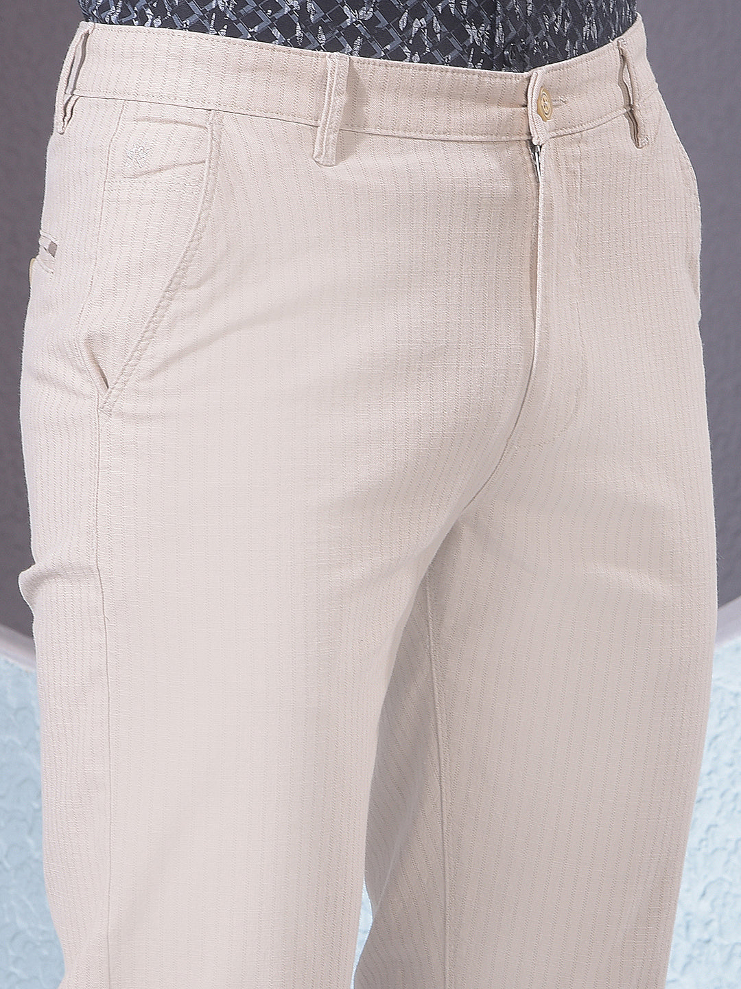 Beige Vertical Stripes Trousers