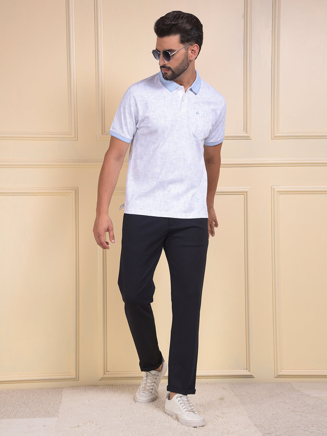 Blue Printed Polo Neck 100% Cotton T-Shirt