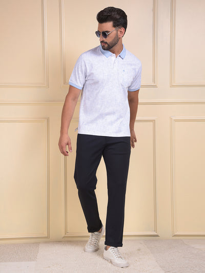 Blue Printed Polo Neck 100% Cotton T-Shirt