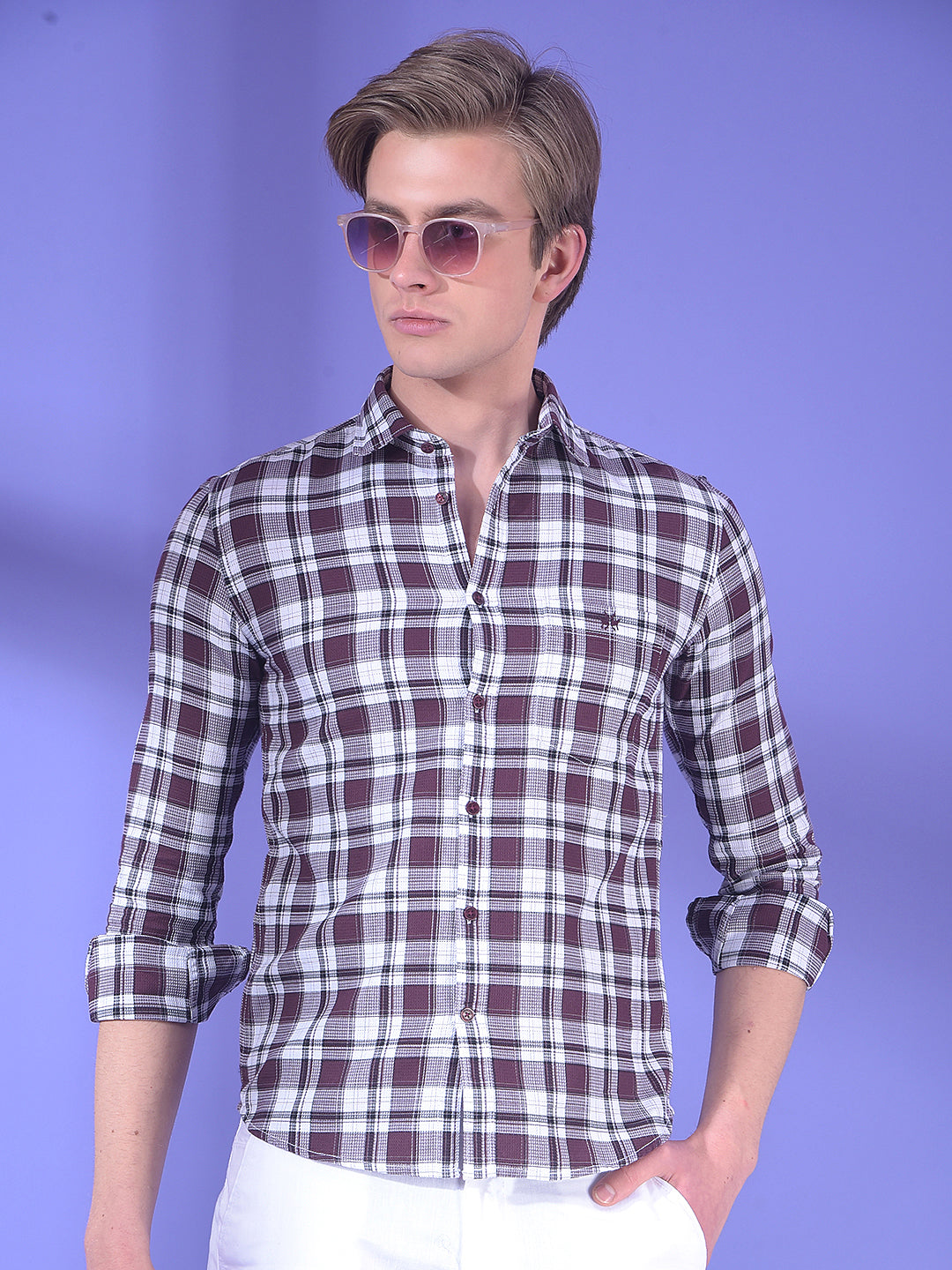 Wine Checked 100% Cotton Button-Down Collar Shirt