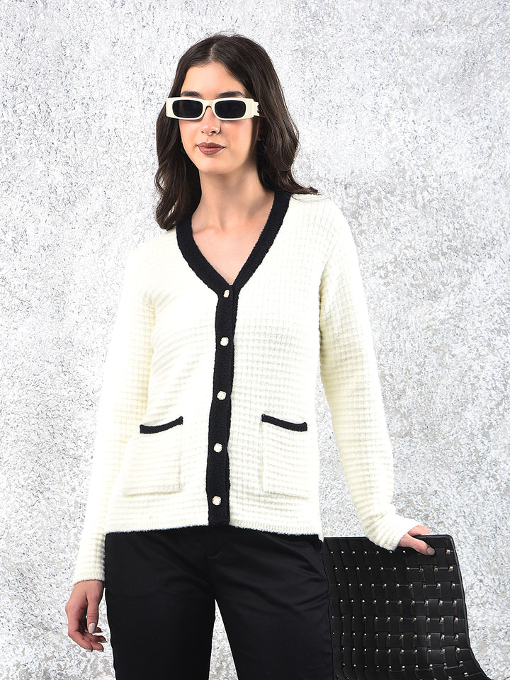 Off White V-Neck Jacquard Sweater