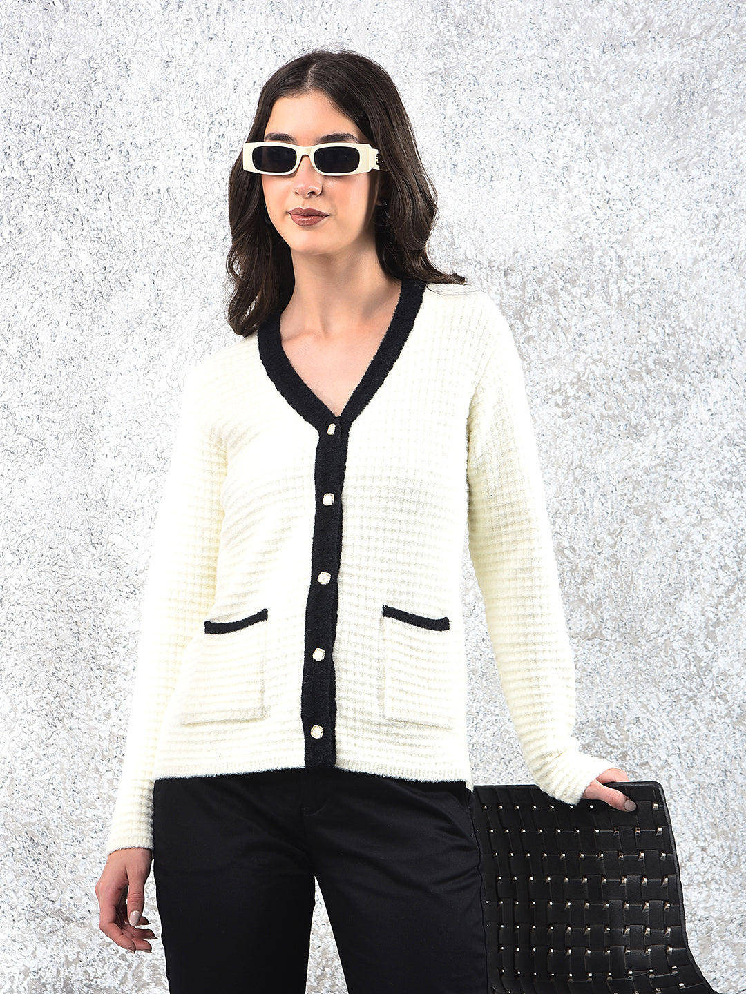 Off White V-Neck Jacquard Sweater