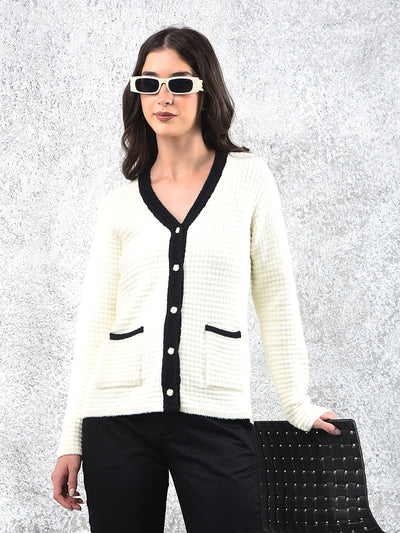 Off White V-Neck Jacquard Sweater