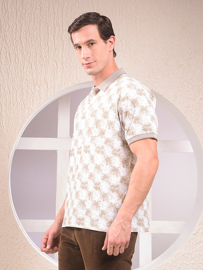 Beige Floral Print Polo Neck 100% Cotton T-Shirt