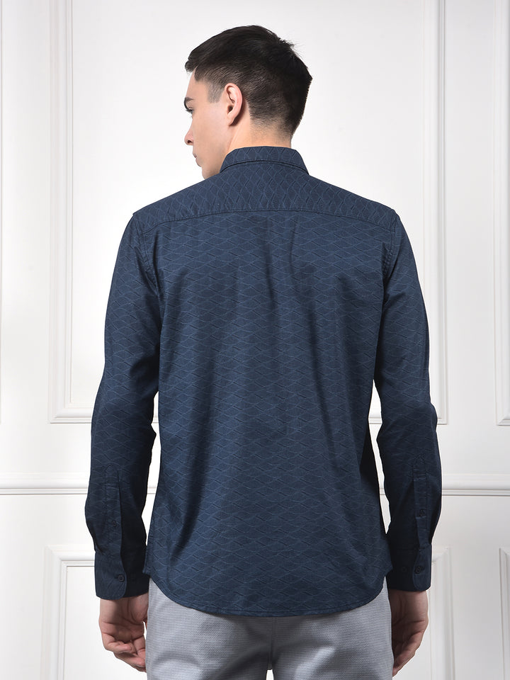 Navy Blue Printed 100% Cotton Shirt