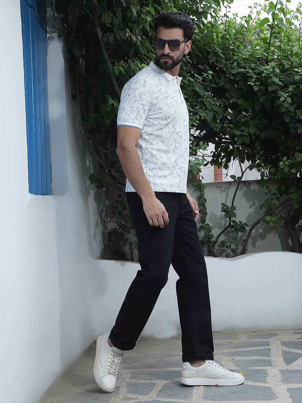 White Floral Print Polo Neck T-Shirt