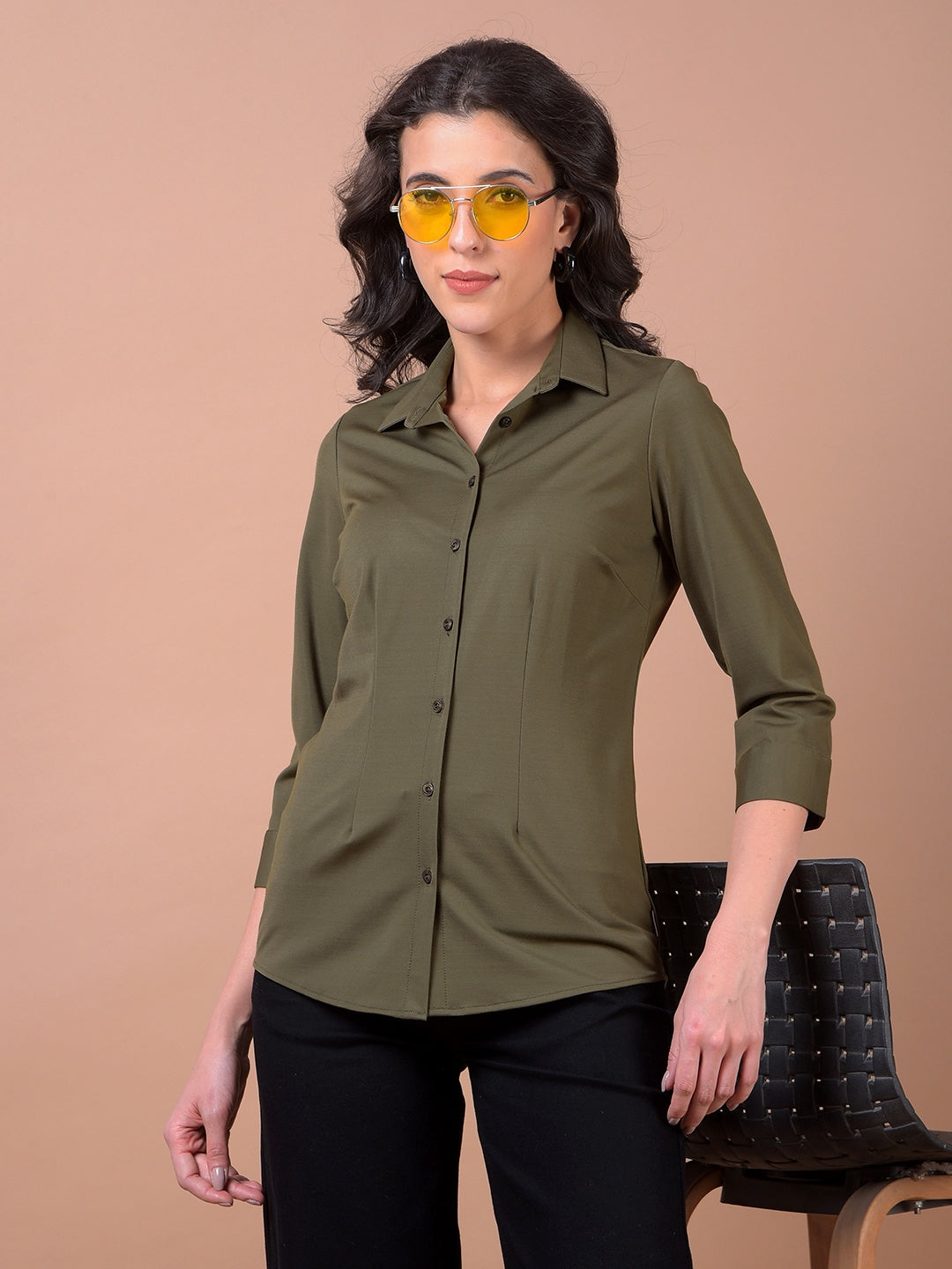 Olive Green Smart Casual Shirt-Women Shirts-Crimsoune Club