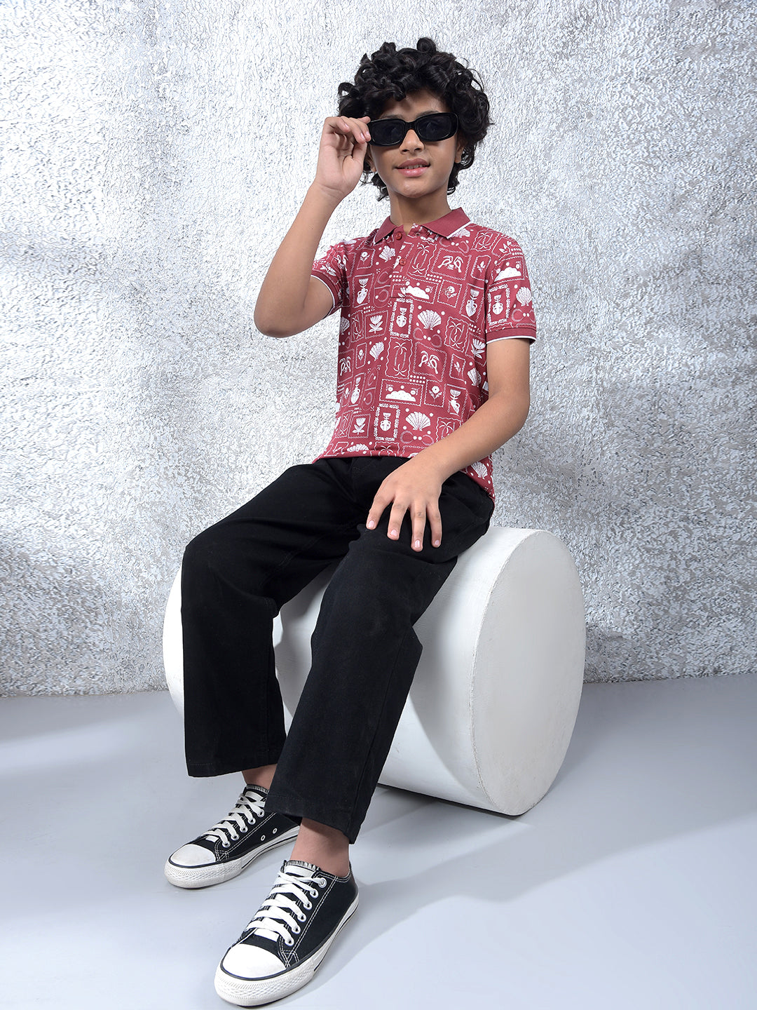 Pink Printed Polo Neck T-Shirt