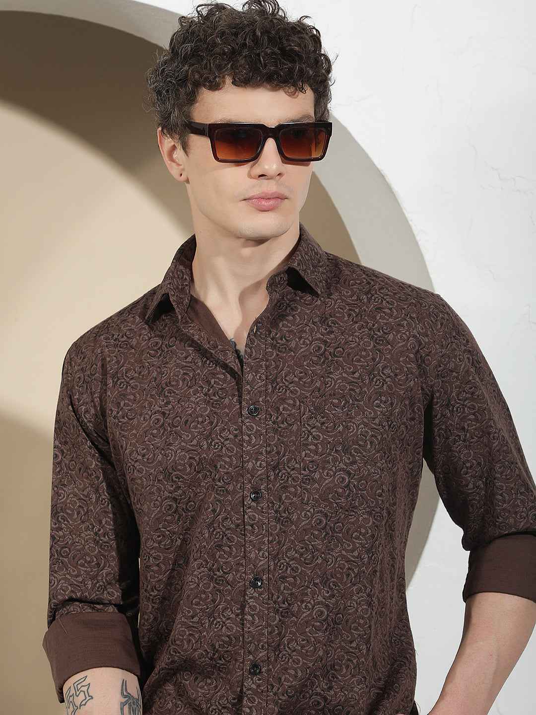 Brown Printed Linen Shirt