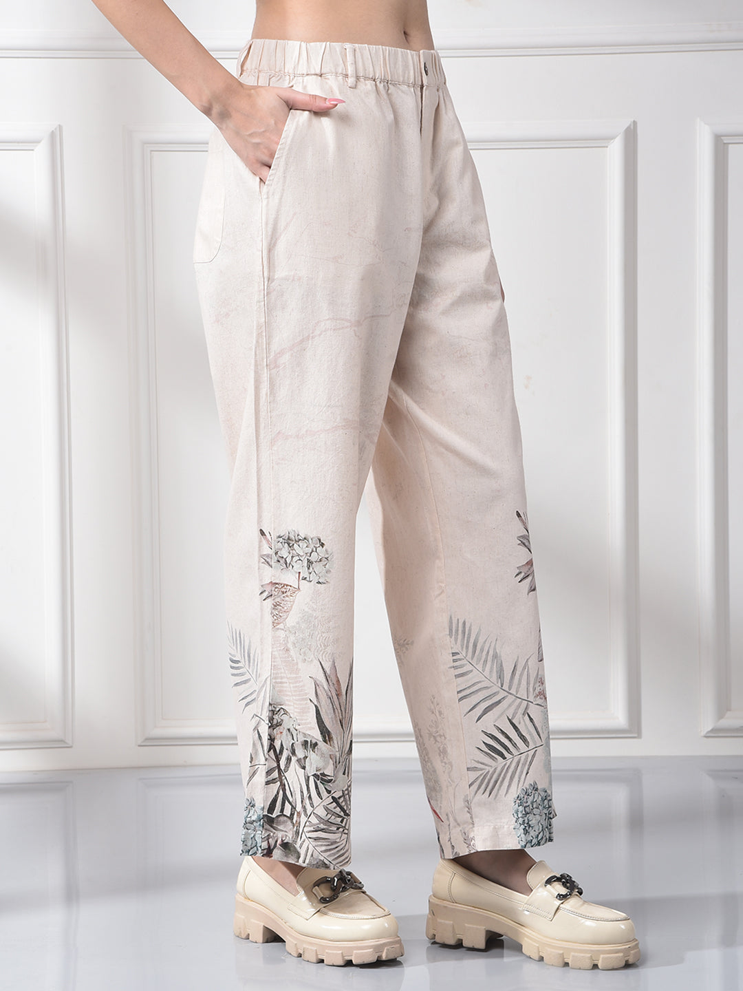 Peach Floral Print Linen Straight Trousers