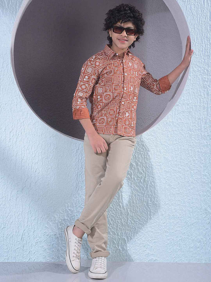 Brown Motif Print Shirt