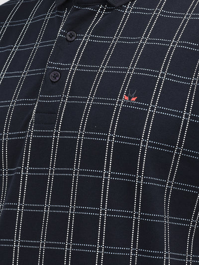 Navy Blue Checked Polo Neck T-Shirt