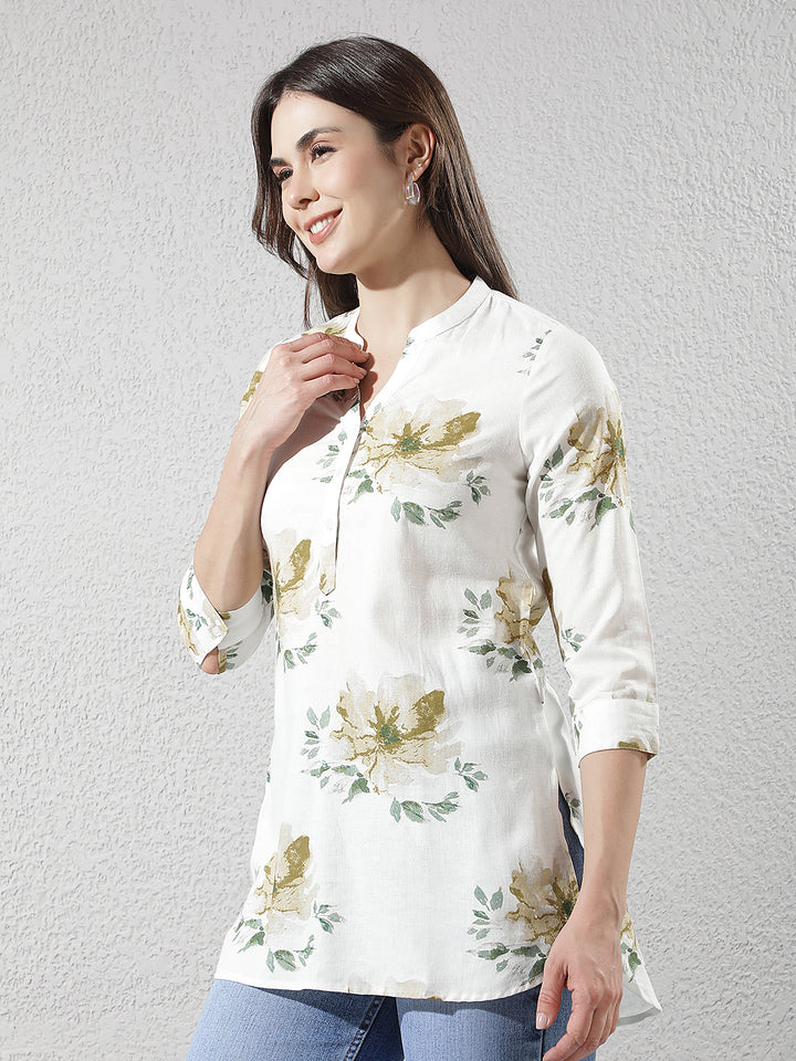 Green Floral Print Longline Linen Top
