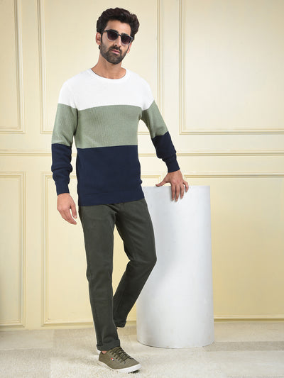 Multi-Color Color-Block 100% Cotton Knitted Sweater