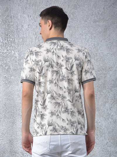 Grey Floral Print Polo Neck T-Shirt