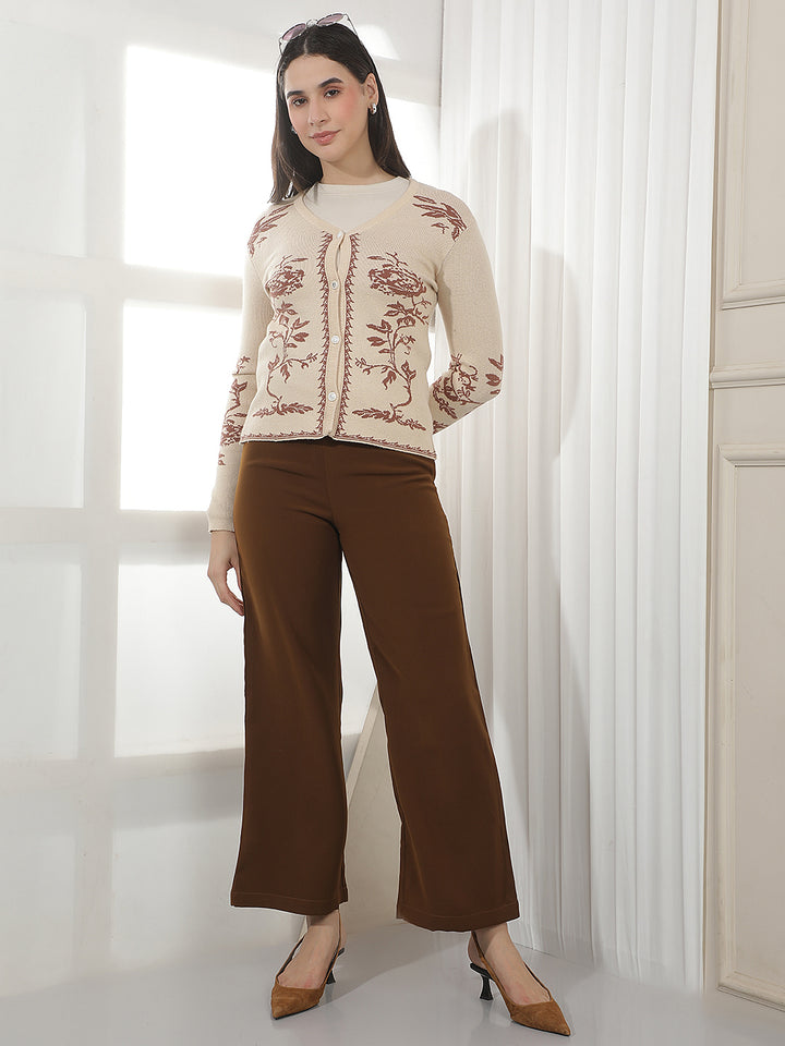 Beige Floral Print V-neck Cardigan