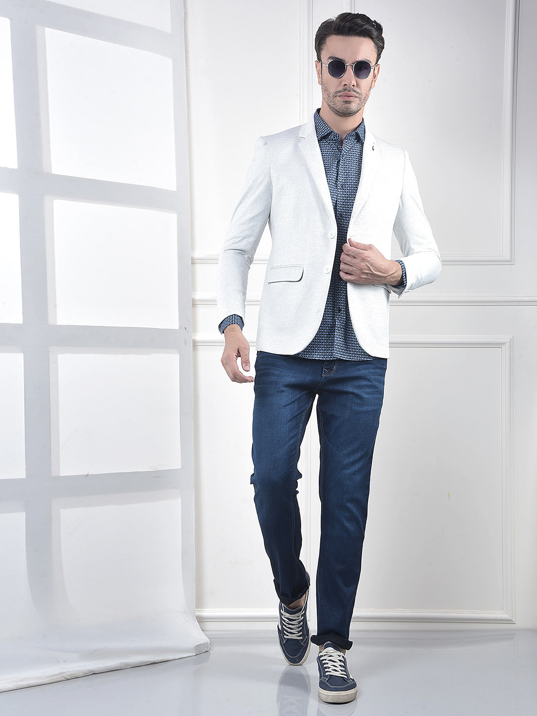 Off White Printed Notched Lapel Single-Breasted Blazer