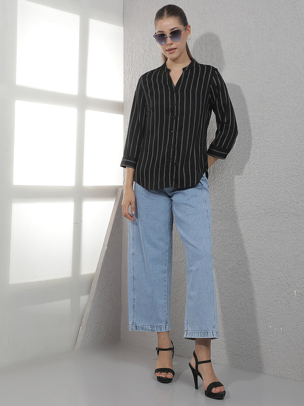 Black Vertical Stripes V-Neck Shirt