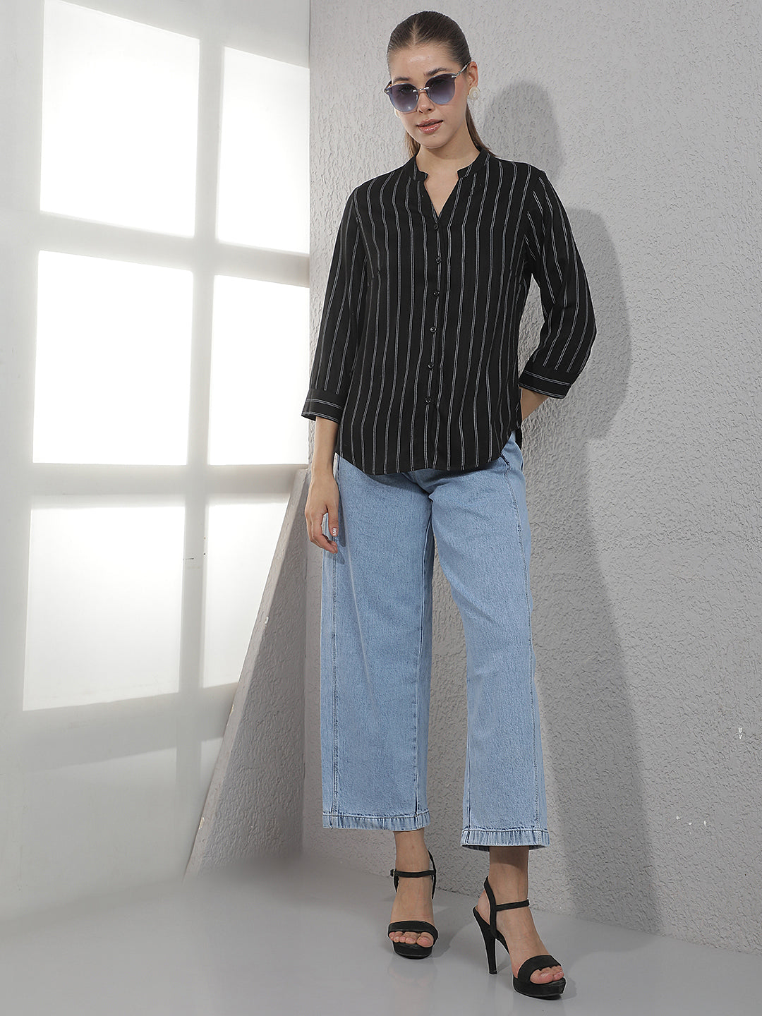 Black Vertical Stripes V-Neck Shirt