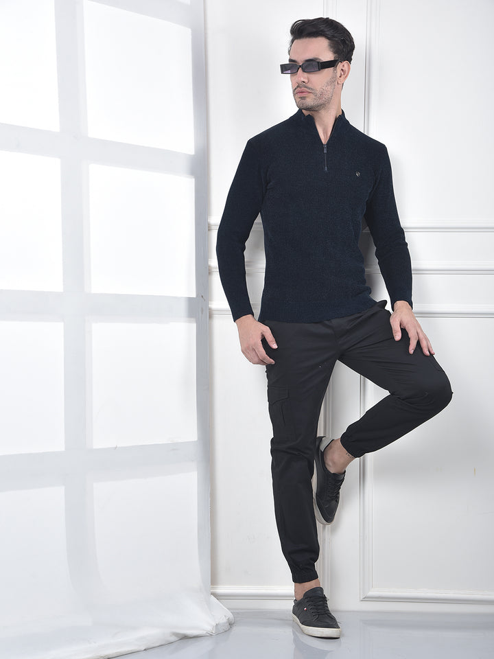 Blue Jacquard High Neck Sweater