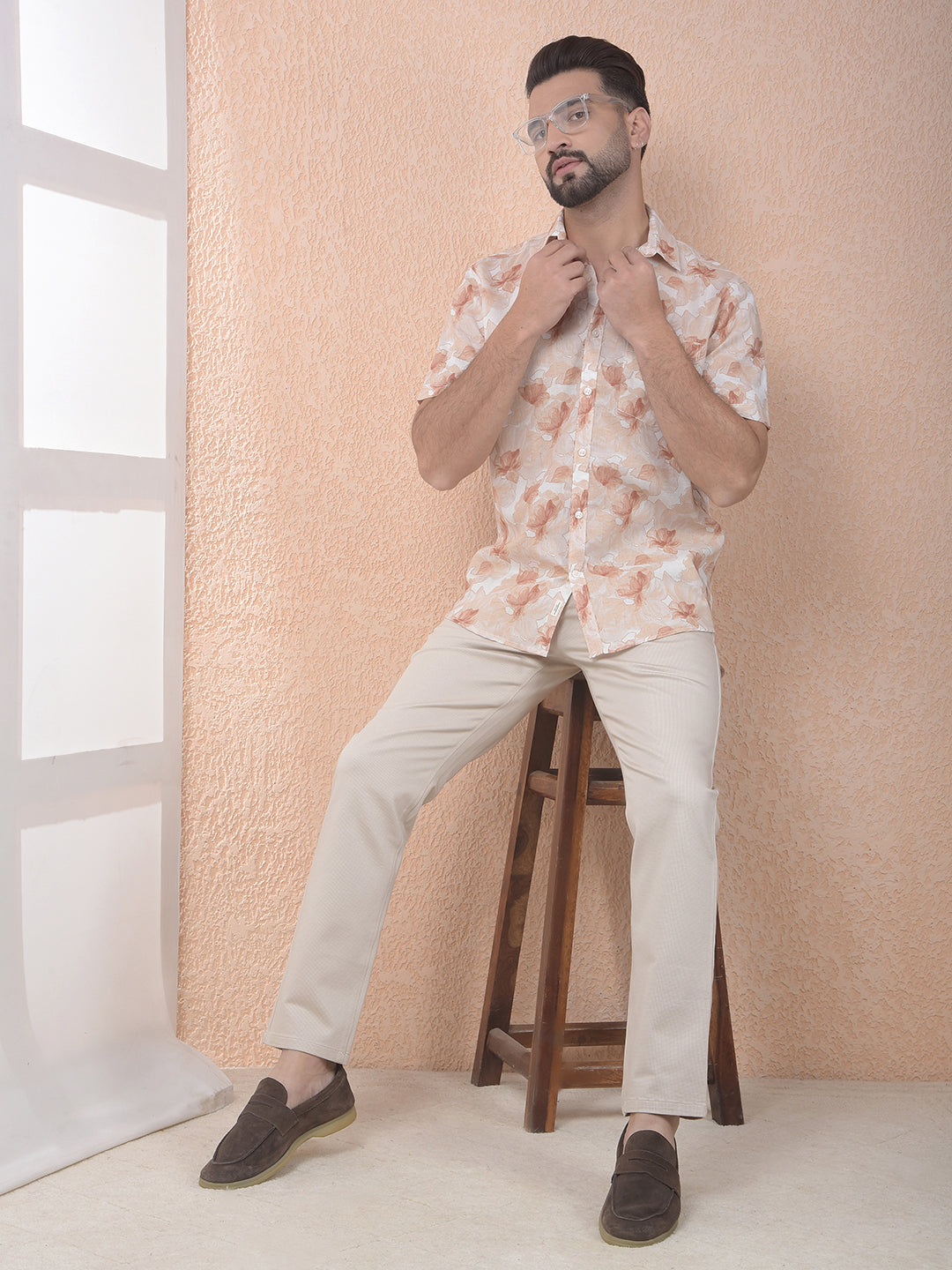 Orange Floral Printed Linen Shirt
