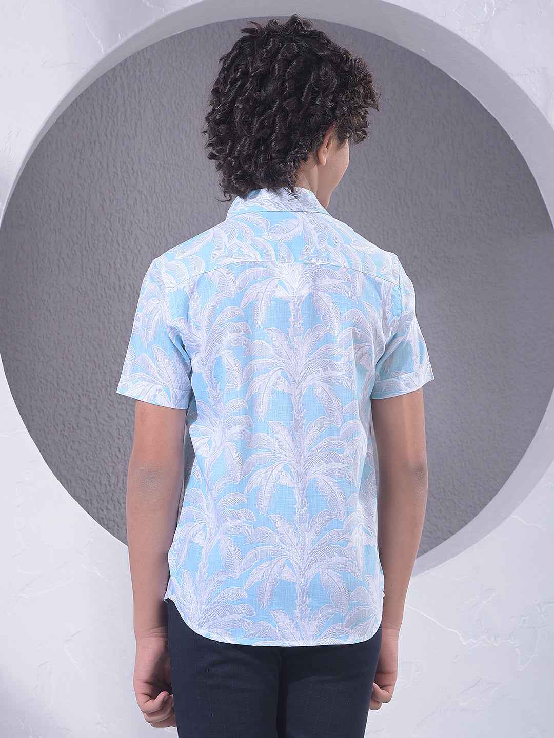 Blue Botanical Print Linen Shirt