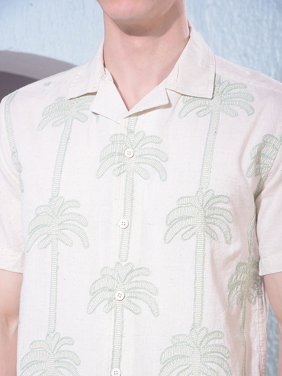 Beige Embroidered Resort-Collar Linen Shirt
