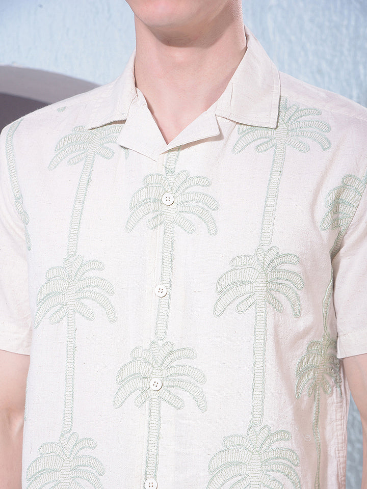 Beige Embroidered Resort-Collar Linen Shirt