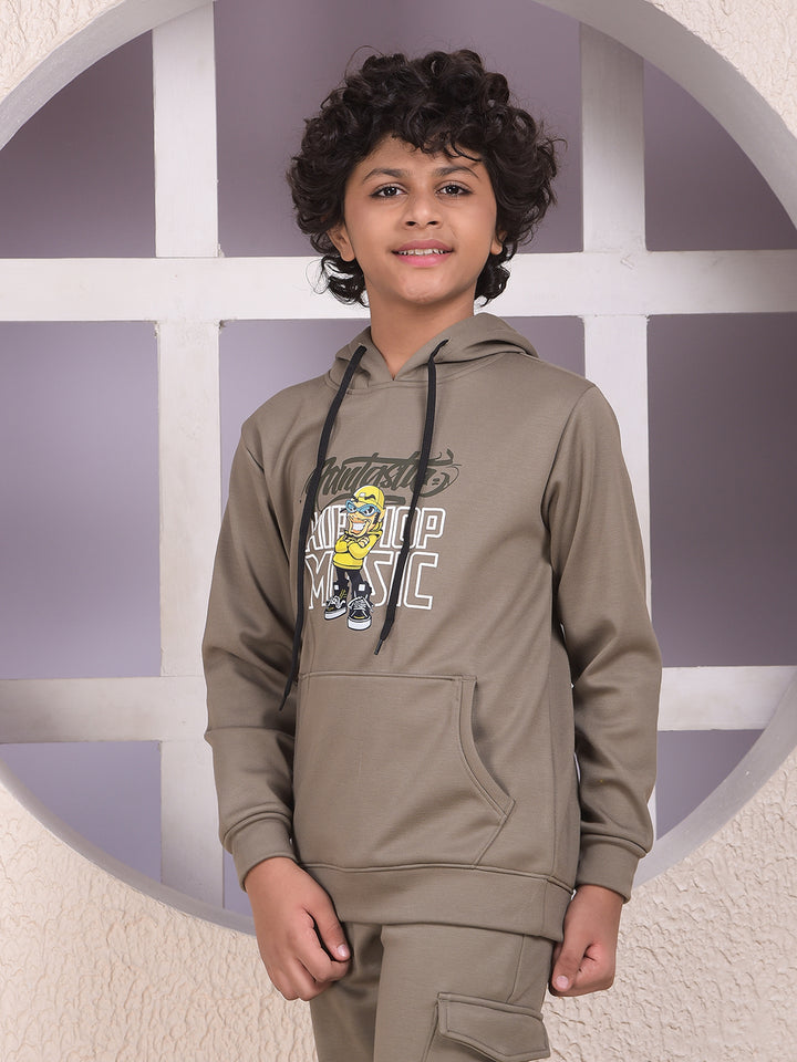 Olive Graphic Print Hooded Neck Sweatshirt