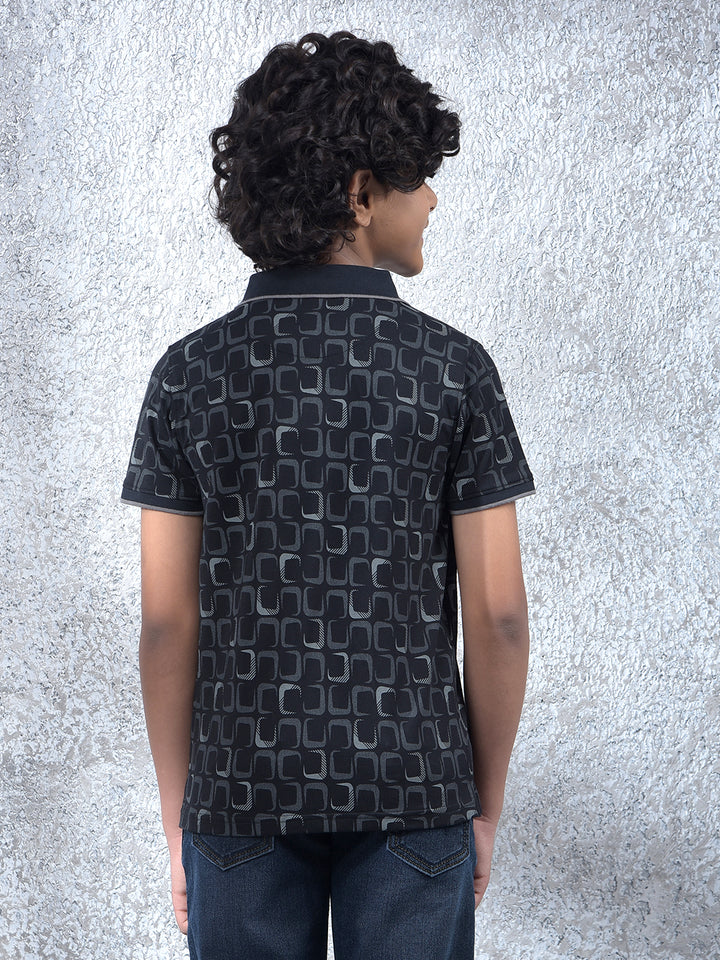 Black Printed Polo Neck T-Shirt
