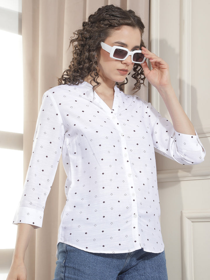 White Printed V-Neck Linen Shirt