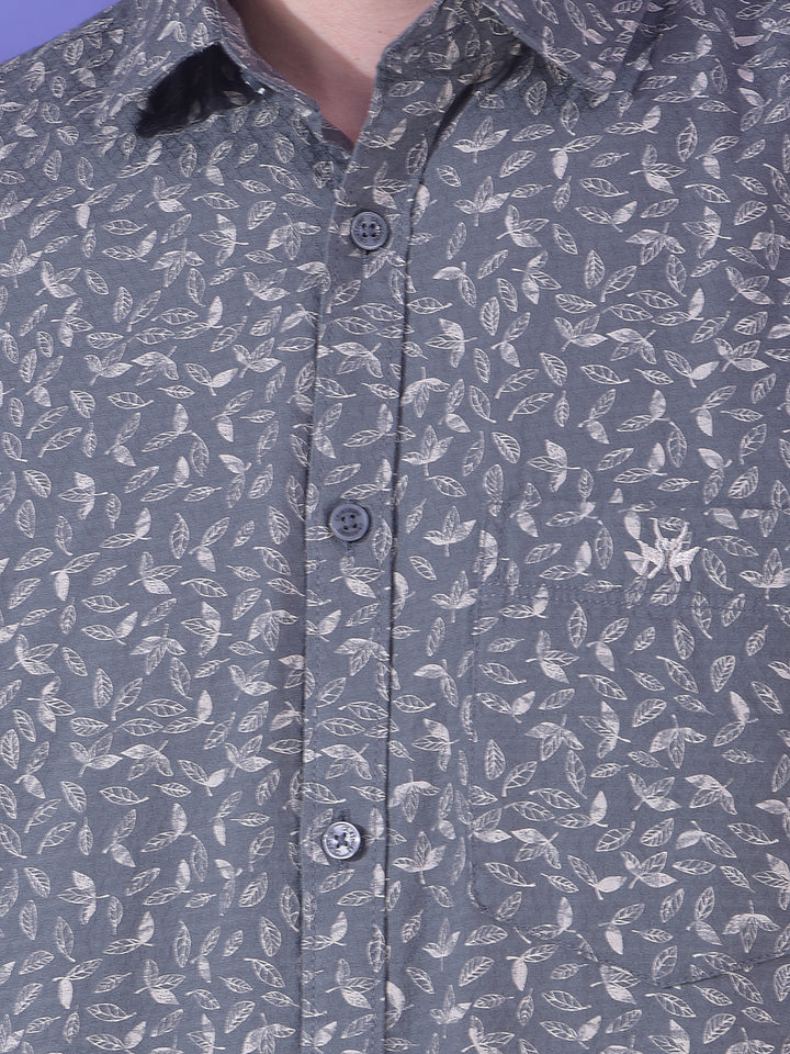Grey Floral Printed 100% Cotton Shirt