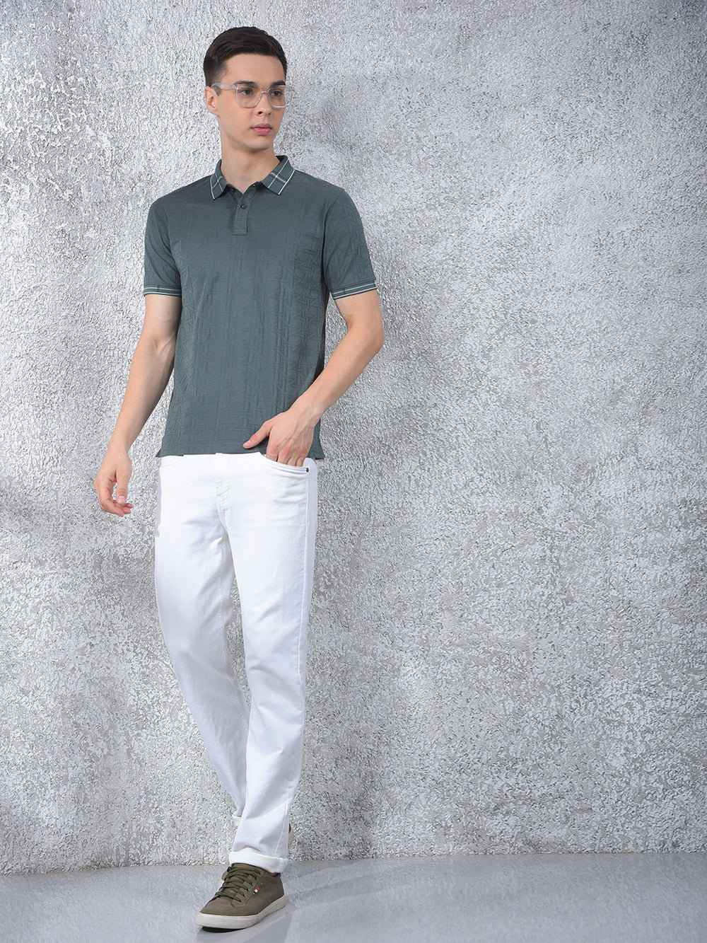 Green Printed Polo-Neck T-Shirt