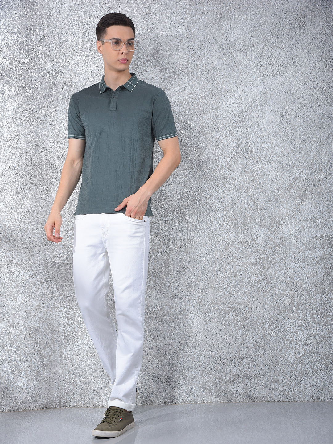 Green Printed Polo-Neck T-Shirt