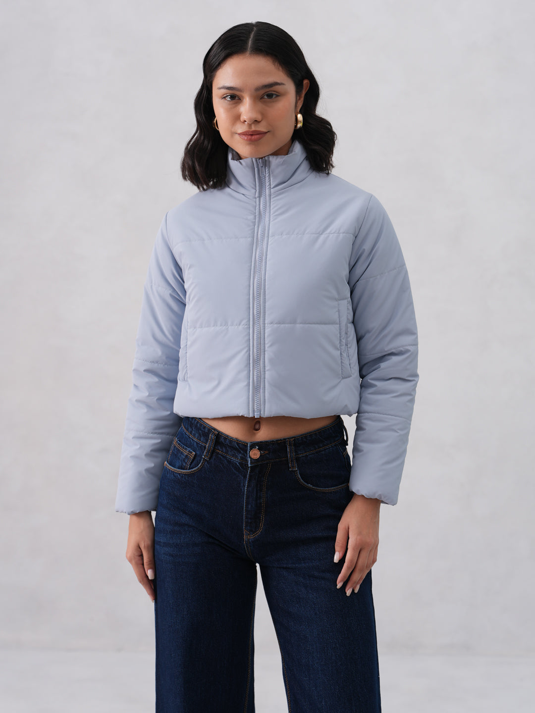 Blue Cropped High-Neck Puffer Jacket