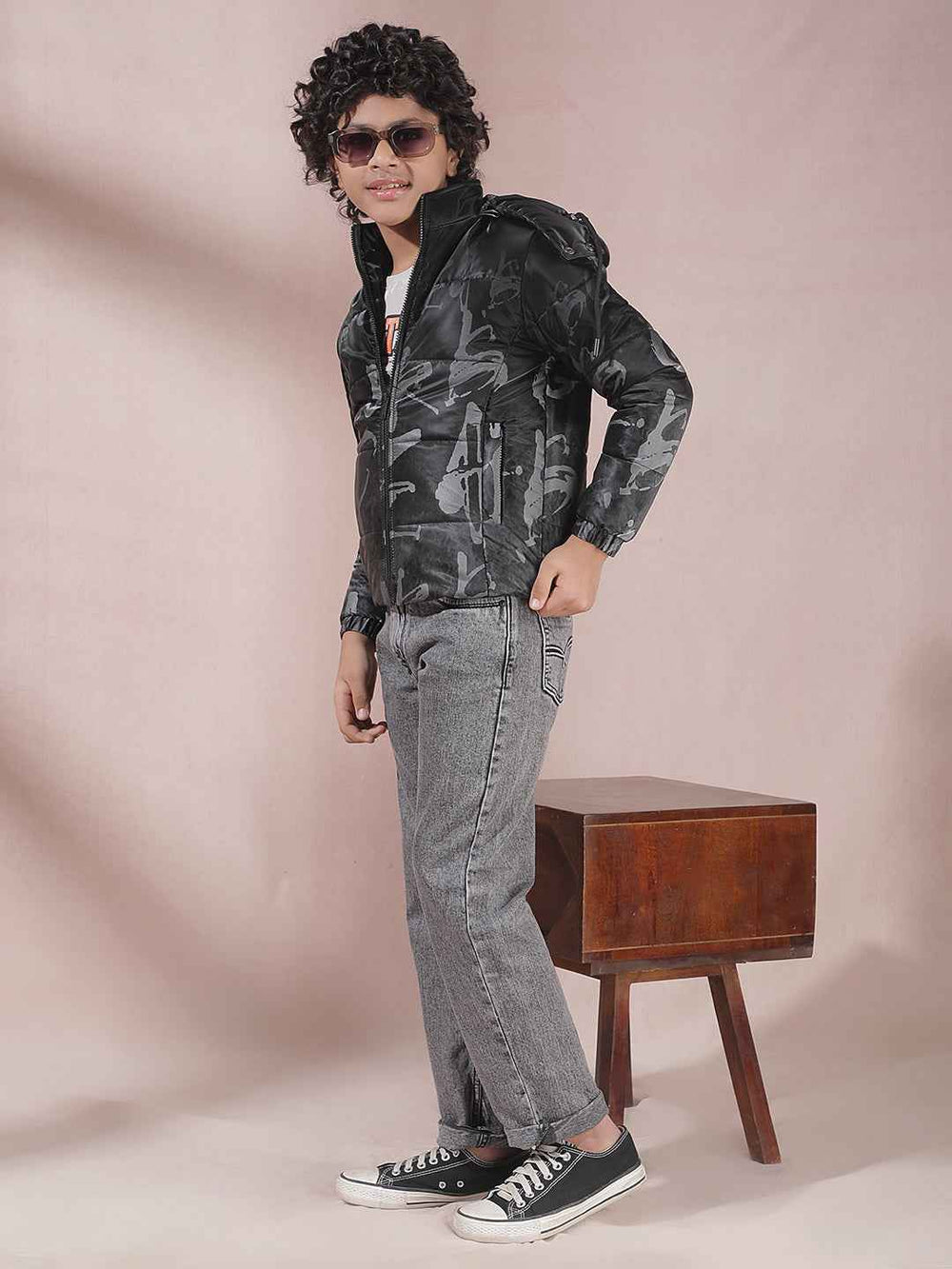 Black Printed Hooded Jacket