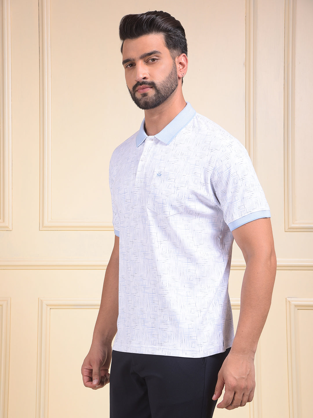 Blue Printed Polo Neck 100% Cotton T-Shirt